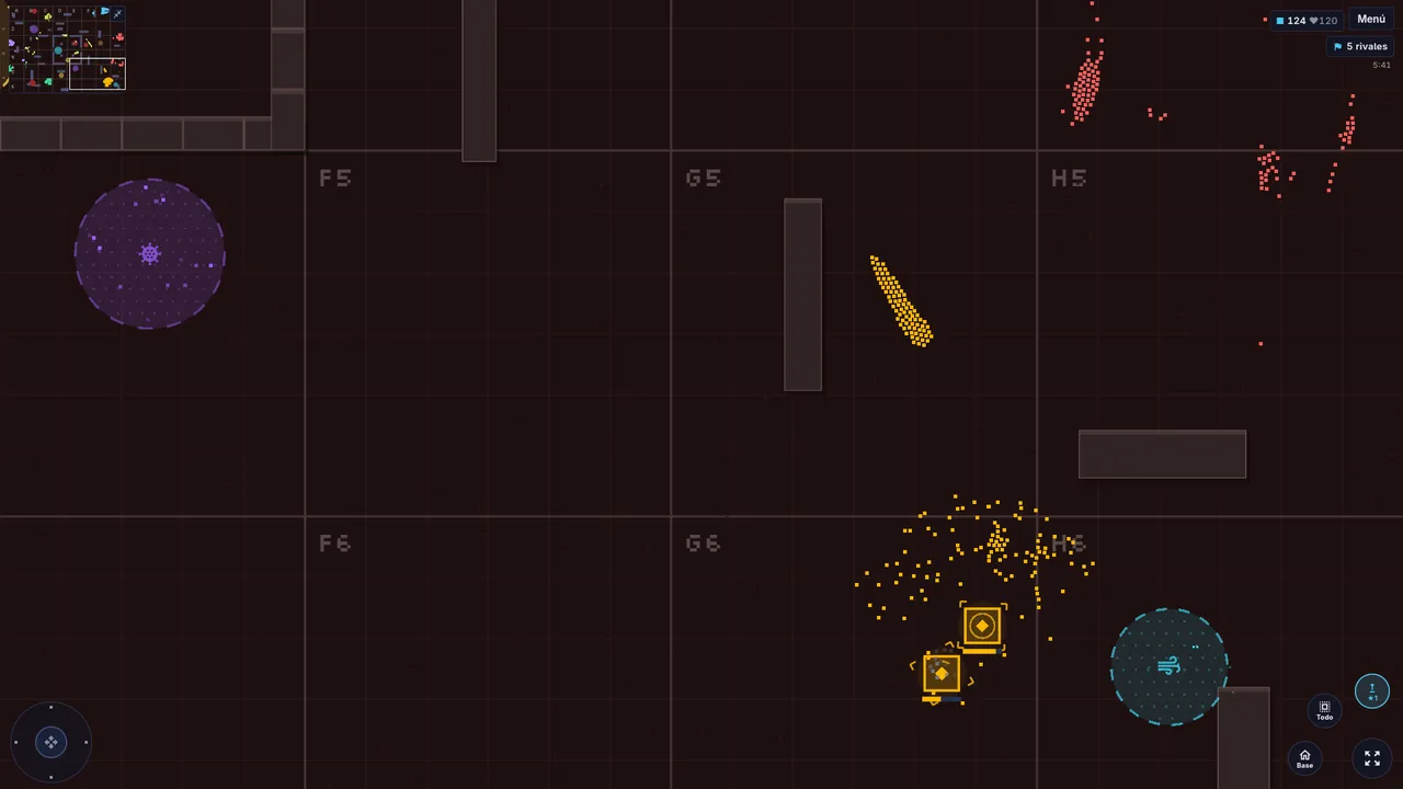 Mapa de lava oscuro: un ejército amarillo con dos bases rodeado por grupos rivales.