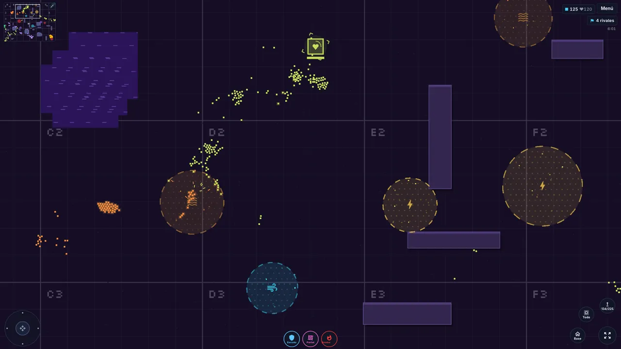 Capítulo 6: mapa morado con poderes en el suelo y tres espacios de poder abajo de la pantalla.