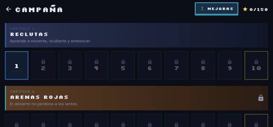 Campaign screen: chapter 1, Recruits, with levels 1 to 10 (level 1 open and the rest locked) and chapter 2, Red Sands, locked.