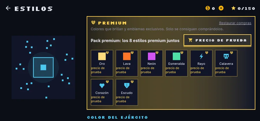 Styles screen: preview of a cyan base and the premium section with animated colors and emblems.