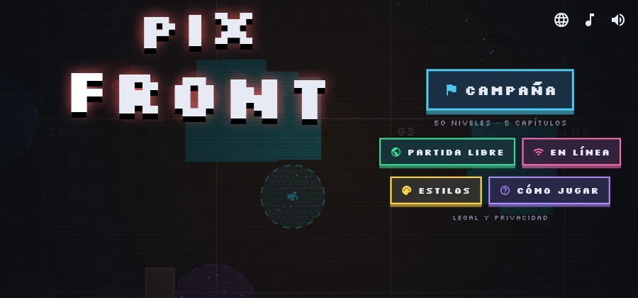 Pixfront home screen: the pixel logo over a background battle and the Campaign, Skirmish, Online, Styles and How to play buttons.